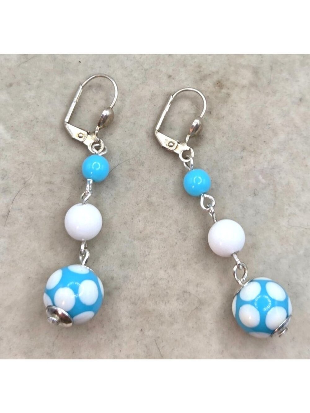 Blue & White Polka Dot Bead Dangle Earrings With Leverback Hooks